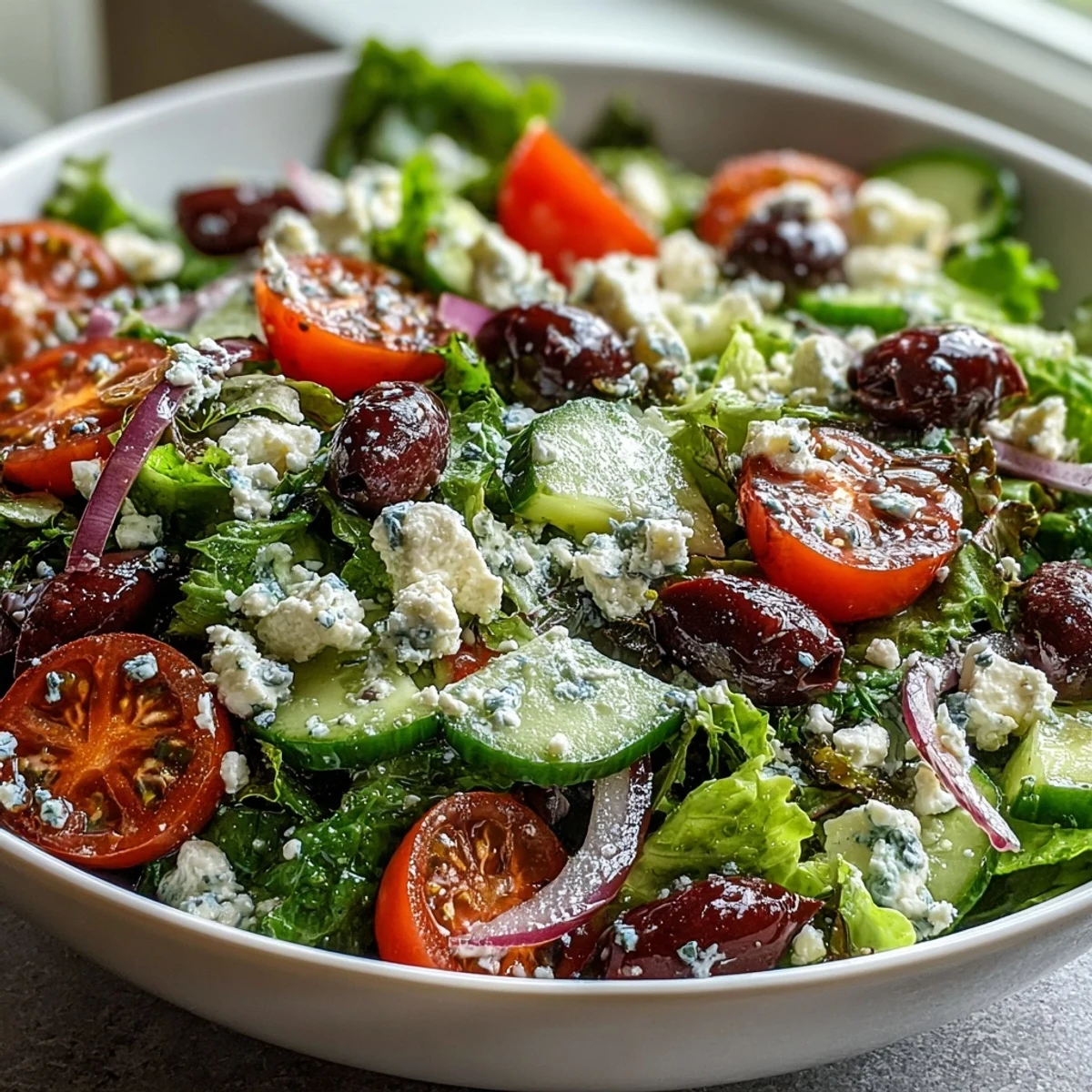 This Mediterranean Green Salad Bowl features briny Kalamata olives and creamy feta tossed in a zesty Greek dressing.  