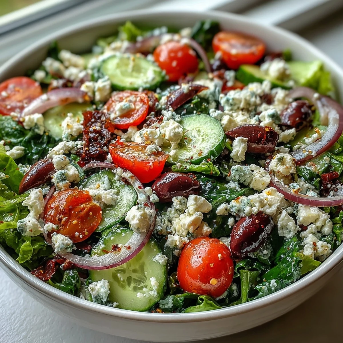 Fresh Mediterranean Green Salad Bowl topped with crumbled feta, ripe cherry tomatoes, and sliced cucumbers for a light lunch.