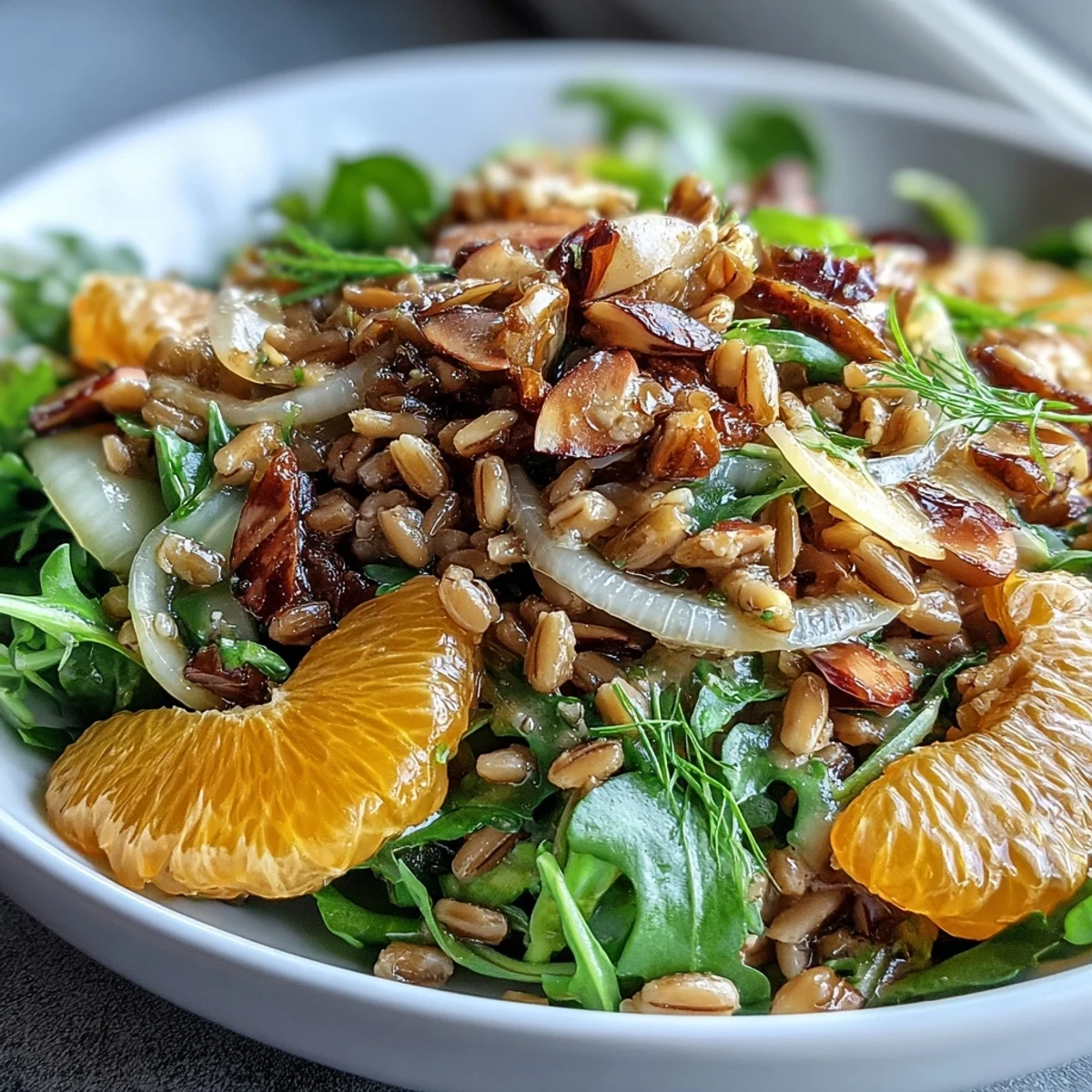 Farro Salad Bowl with Fennel, Oranges & Almonds tossed in a zesty vinaigrette, garnished with toasted almonds and fresh fennel fronds.