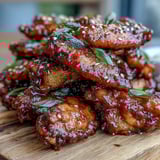 A close-up of Coca Cola Chicken Wings reveals tender meat falling off the bone, drizzled with a thick, savory-sweet sauce.  