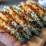 Crispy Asparagus Asiago Spears served hot with creamy dip on a rustic platter.