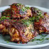 Overhead view of Crispy Baked Bone-In Chicken Thighs resting on a wire rack, highlighting smoky paprika seasoning and herbs.