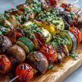 Colorful grilled vegetable skewers bursting with summer flavors, drizzled with zesty chimichurri sauce for a fresh and vibrant dish.  