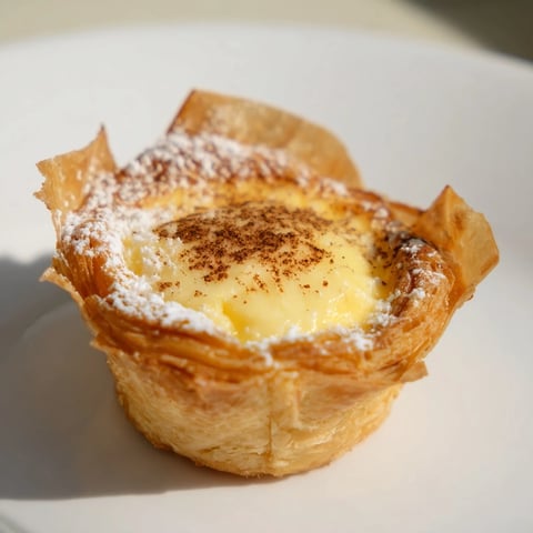 Golden-brown Portuguese egg tarts with flaky crust and creamy custard filling, ready to enjoy.