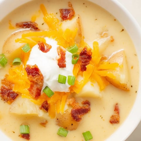 A warm bowl of Loaded Baked Potato Soup garnished with crispy bacon, sharp cheddar, and a dollop of sour cream.  