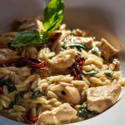 A creamy pan of Tuscan Chicken Orzo with tender chicken, sun-dried tomatoes, and wilted spinach, garnished with fresh basil.