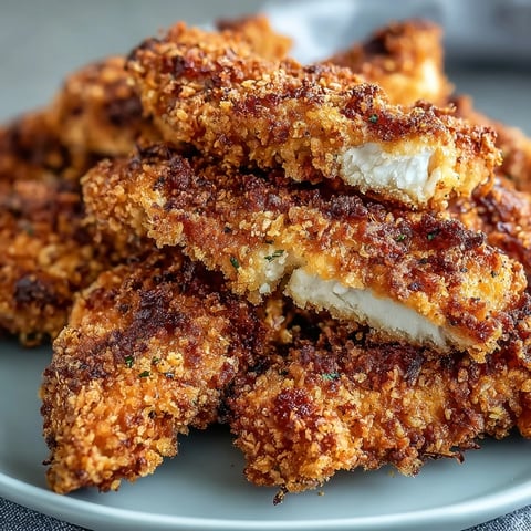 Crispy golden air fryer chicken strips piled on a white plate with a side of tangy dipping sauce.