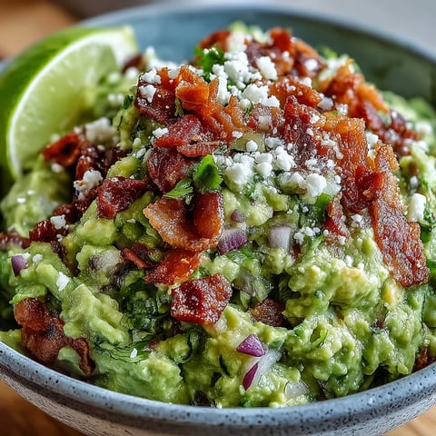 Creamy avocado mash is topped with crispy bacon crumbles and tangy Cotija cheese in this Bacon Guacamole With Cotija Cheese appetizer.  