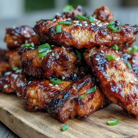 Sticky Coca Cola Chicken Wings glisten with a glossy, caramelized glaze on a white platter, garnished with scallions and sesame seeds.  