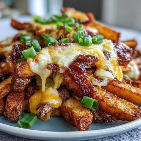 Golden, crispy BBQ fries loaded with melted cheddar cheese, garnished with fresh green onions and served with a bowl of homemade ranch dip.  