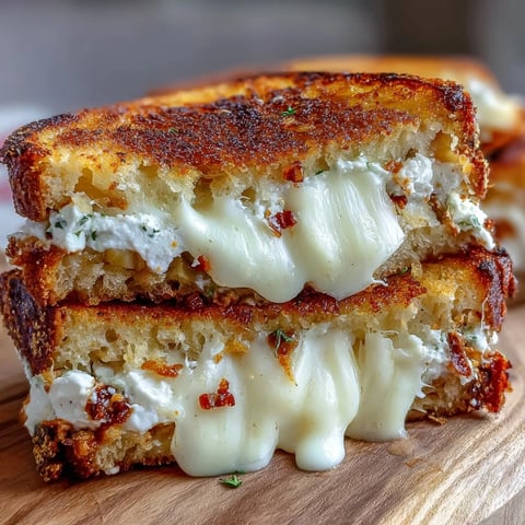 Golden-brown Goat Cheese Grilled Cheese with Honey & Chili Flakes on sourdough, drizzled with honey and sprinkled with red pepper flakes on a plate. 