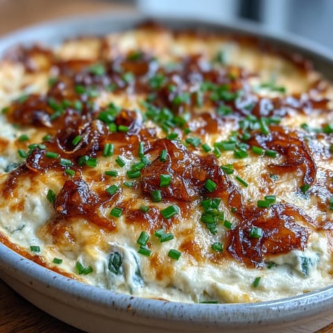 Golden-bubbly Smoked Gouda & Onion Dip fresh from the oven, featuring a cheesy, caramelized onion surface topped with fresh chives.