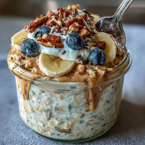 Rolled oats soak in creamy peanut butter, Greek yogurt, and vanilla protein for High-Protein Peanut Butter Overnight Oats.