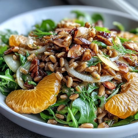 Farro Salad Bowl with Fennel, Oranges & Almonds tossed in a zesty vinaigrette, garnished with toasted almonds and fresh fennel fronds.