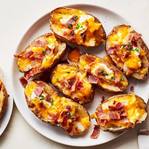Golden brown air-fryer potato skins, hot and cheesy, a savory flavor explosion of potato and toppings.