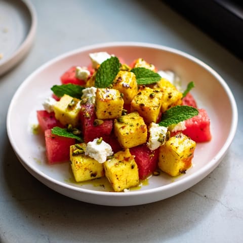 Vibrant Fresh Watermelon and Feta Salad, featuring juicy watermelon and crumbled feta cheese with glaze.