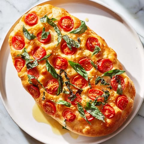 A delicious close-up of Simple Homemade Tomato and Basil Flatbread, ready to eat, with rustic appeal.