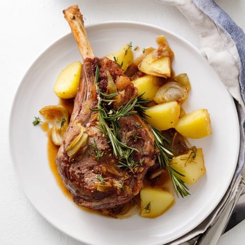 Tender slow-roasted lamb shanks, falling off the bone, plated with carrots and a savory rosemary-infused broth.