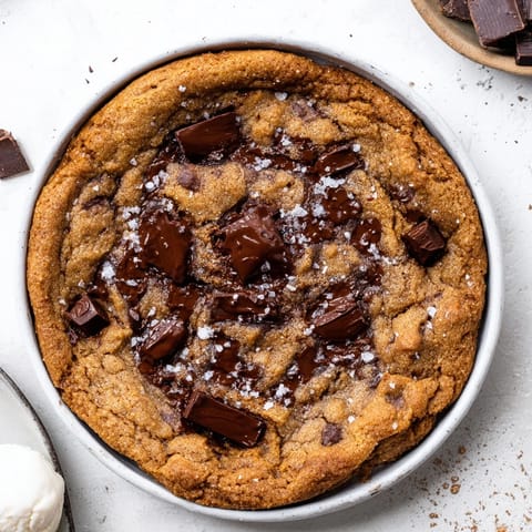 Golden-brown edges of a rich Warm Chocolate Chunk Skillet Cookie, perfect with vanilla ice cream.