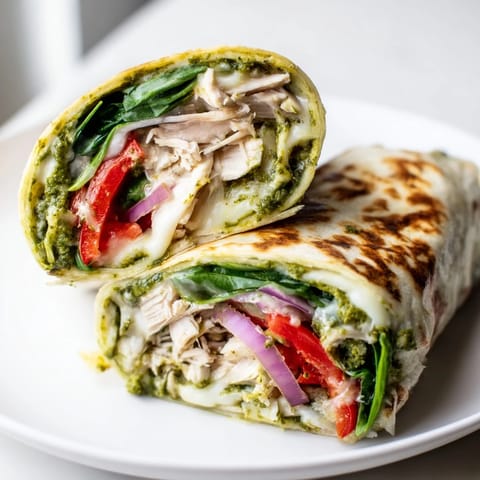 A perfectly assembled pesto chicken wrap, sliced in half, showcasing layers of fresh ingredients.