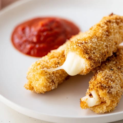 Perfectly fried air fryer mozzarella sticks, ready for dipping into warm marinara sauce for snack time.