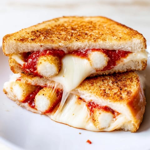 Crispy, golden grilled Mozzarella Stick Grilled Cheese with warm marinara, ideal comfort food.