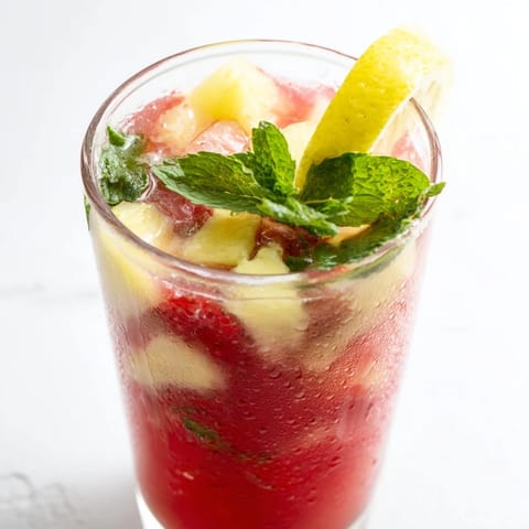 Refreshing homemade DIY fruit refresher drinks, garnished with mint and strawberry slices, ready to sip.
