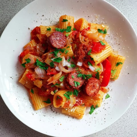 Close-up of bubbling Spanish chorizo pasta, a flavorful dish with chunks of savory chorizo.