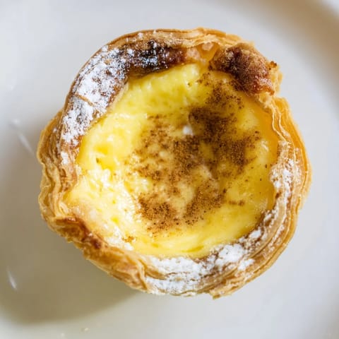 Freshly baked Portuguese egg tarts, dusted with cinnamon and powdered sugar, perfect for dessert.