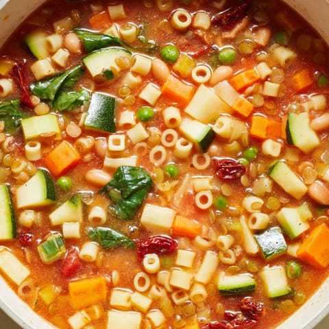 Hearty minestrone soup in a jar, layered with zucchini, carrots, and spinach ready for boiling water.  