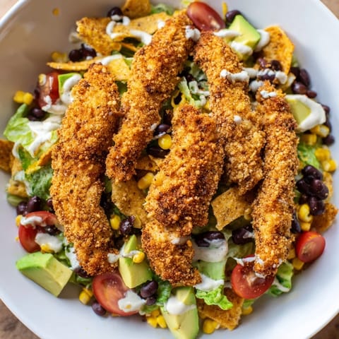 Topped with shredded cheddar, diced avocado, and crunchy tortilla strips, this hearty Crispy Chicken Taco Salad is drizzled with creamy salsa ranch.