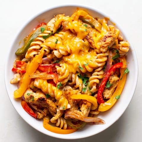 A rustic skillet holds a generous serving of Chicken Fajita Pasta, garnished with fresh cilantro and a lime wedge for a zesty Tex-Mex twist.