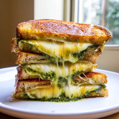 A warm sourdough pesto grilled cheese sandwich served with a fresh side salad.