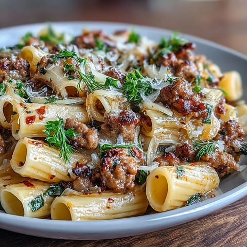 Fork-tender Winter Pasta with Sausage and Fennel steams gently beside fresh parsley and grated Parmesan.