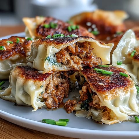 Golden-brown smashed gyozas sizzling in a skillet, showcasing crispy edges and a savory pork and cabbage filling perfect for dipping.