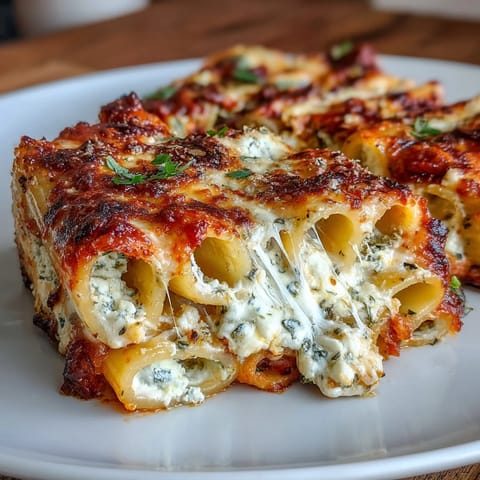 Layered Freezer Make-Ahead Baked Ziti in a glass dish, featuring creamy ricotta and rich tomato sauce.