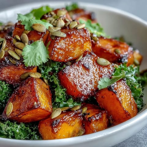A vibrant bowl of Sweet and Spicy Red Kuri Squash with roasted cubes, pepitas, and fresh cilantro, served over quinoa.