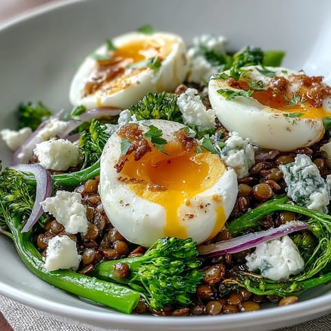 Hearty French Lentil Salad With Broccolini and Soft-Cooked Eggs garnished with creamy goat cheese and parsley on a rustic plate.