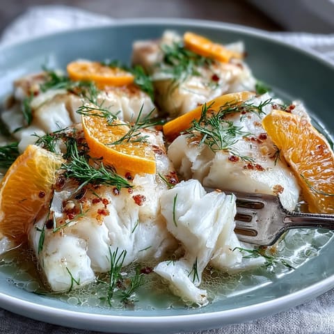 Tender pieces of Poached Cod with Fennel and Orange in a light broth, perfect for a gluten-free main dish.
