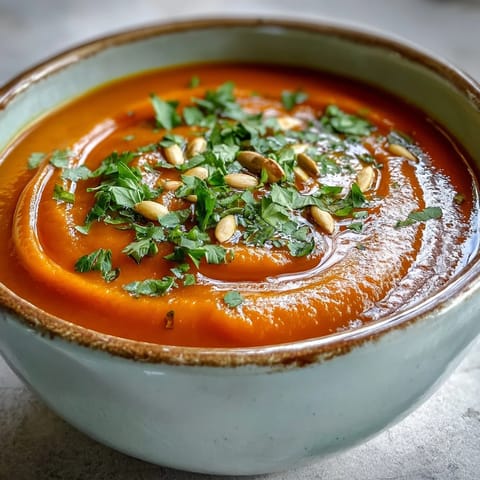 Warm Carrot Ginger Soup garnished with toasted pumpkin seeds, paired with crusty bread on a wooden table.