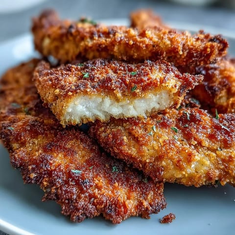 Air fryer chicken strips with golden brown breading and a juicy interior, served fresh from the basket.