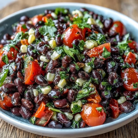 Freshly prepared Cowboy Caviar salad served with crunchy tortilla chips for dipping at a backyard party.