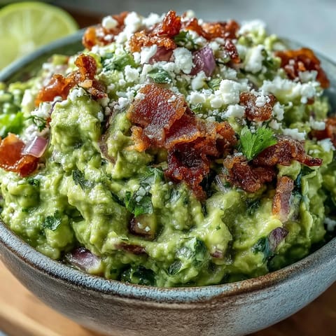This Bacon Guacamole With Cotija Cheese features smoky bacon, fresh lime, and jalapeño beside golden tortilla chips for dipping.  