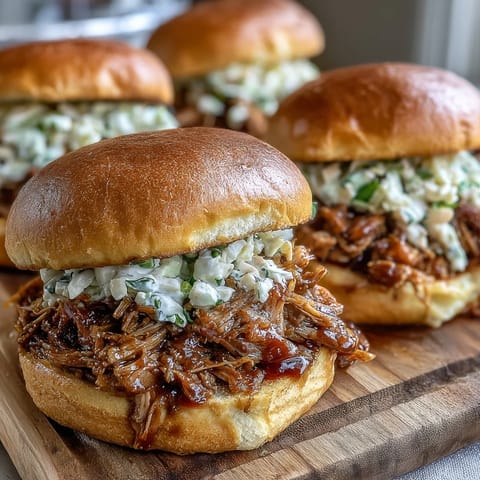 Golden shredded applesauce pulled pork cooked in a slow cooker, mixed with savory onions and garlic.
