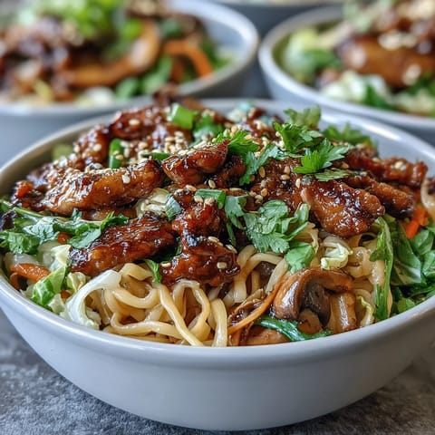 Golden brown pork crumbles, shredded cabbage, and carrots sit atop tender rice noodles in a bowl, drizzled with a glossy soy-based potsticker noodle bowl sauce and sprinkled with sesame seeds.