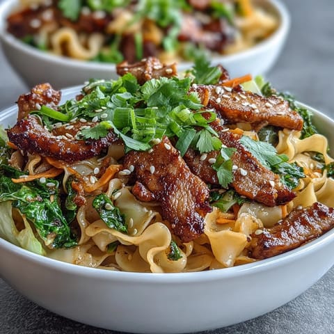 Fresh herbs and lime wedges garnish a steamy bowl of potsticker noodle bowl, showcasing stir-fried pork, crisp bean sprouts, and vibrant vegetables tossed with savory noodles.