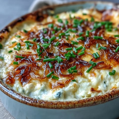 Warm Smoked Gouda & Onion Dip served alongside crispy tortilla chips and fresh-cut veggies, ready for a party appetizer spread.