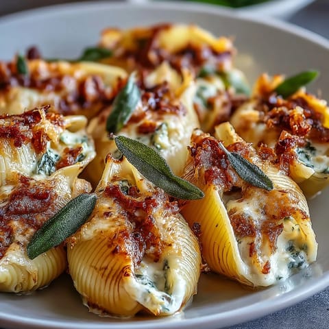 Golden-brown baked Pumpkin & Gouda Stuffed Shells swimming in creamy sage Alfredo sauce.