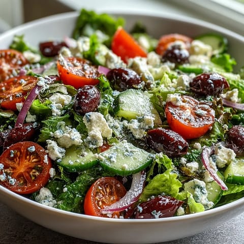 This Mediterranean Green Salad Bowl features briny Kalamata olives and creamy feta tossed in a zesty Greek dressing.  