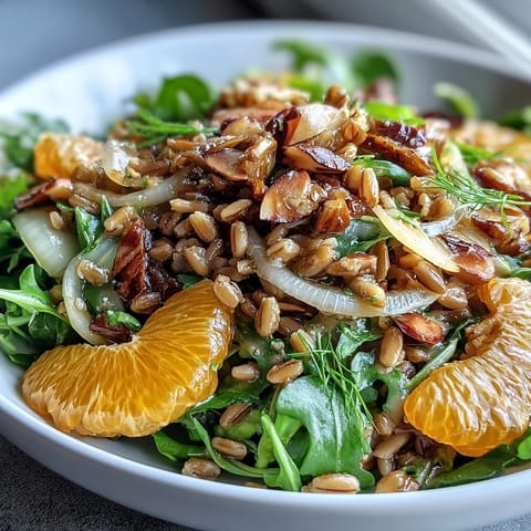 Farro Salad Bowl with Fennel, Oranges & Almonds tossed in a zesty vinaigrette, garnished with toasted almonds and fresh fennel fronds.